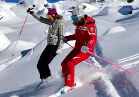 Ski instructor and participant in Gressoney during one of the private off piste skiing and snowboarding lessons.