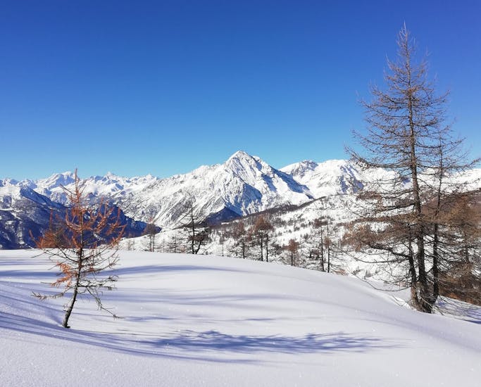 Great picture of Pragelato covered with snow. Perfect conditions for one of the private off piste skiing and snowboarding lessons.