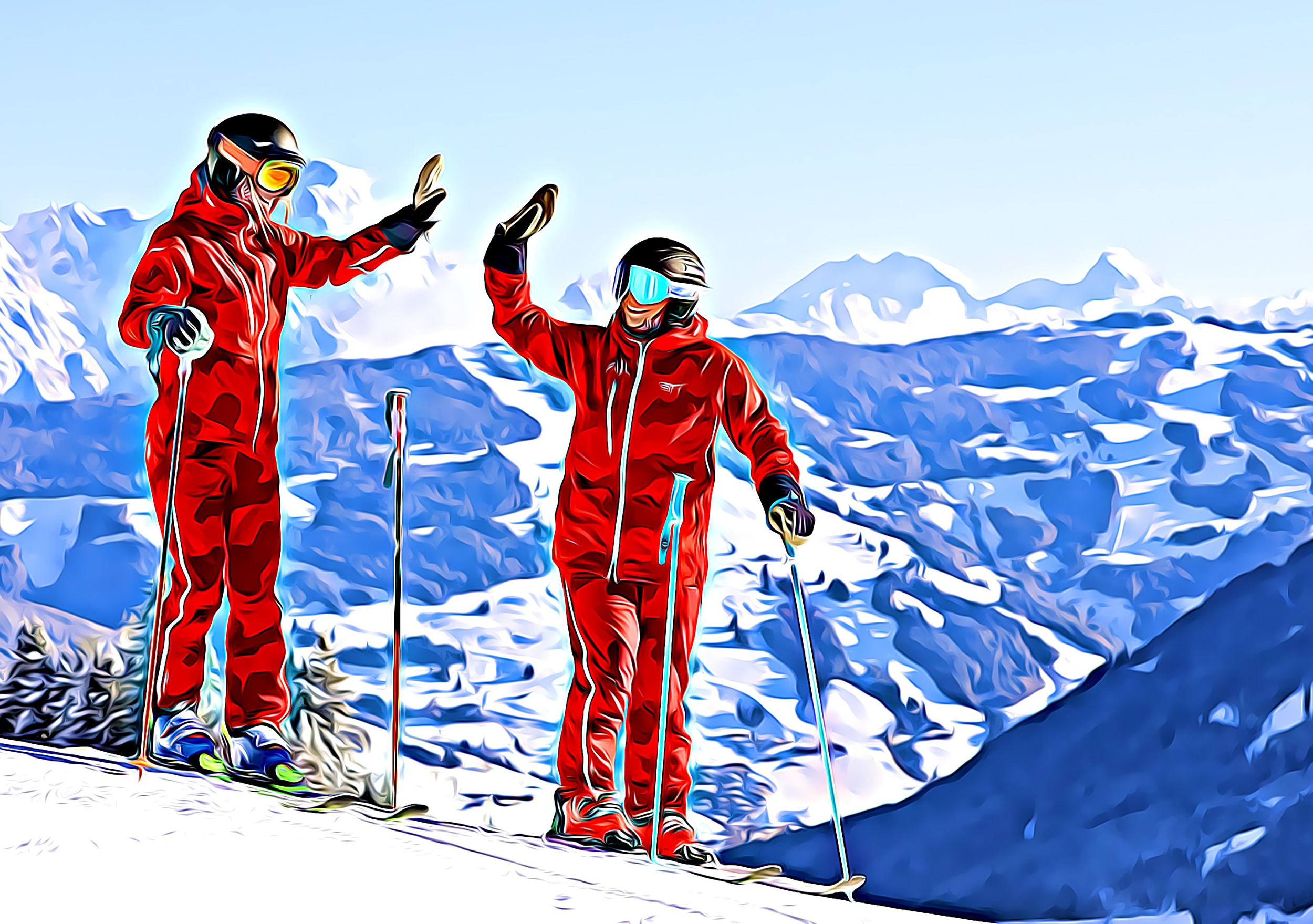 Two instructors giving each other a high five during Private Ski Lessons for Adults "SkiLL - The Rockstars of the Instructors" in Saalbach Hinterglemm.