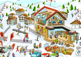 A fun drawing landscape of the ski school during Private Ski Lessons for Kids "SkiLL - The Rockstars of the Instructors" in Saalbach Hinterglemm.