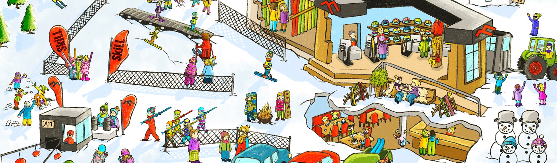 Un paysage de dessin amusant de l'école de ski pendant les cours particuliers de ski pour enfants "SkiLL - Les Rockstars des Moniteurs" à Saalbach Hinterglemm.