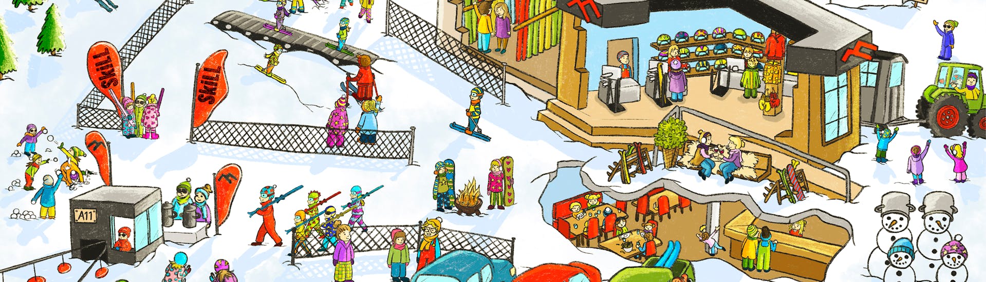 Een leuk tekenlandschap van de skischool tijdens de privé skilessen voor kinderen "SkiLL - De Rockstars van de Instructeurs" in Saalbach Hinterglemm.