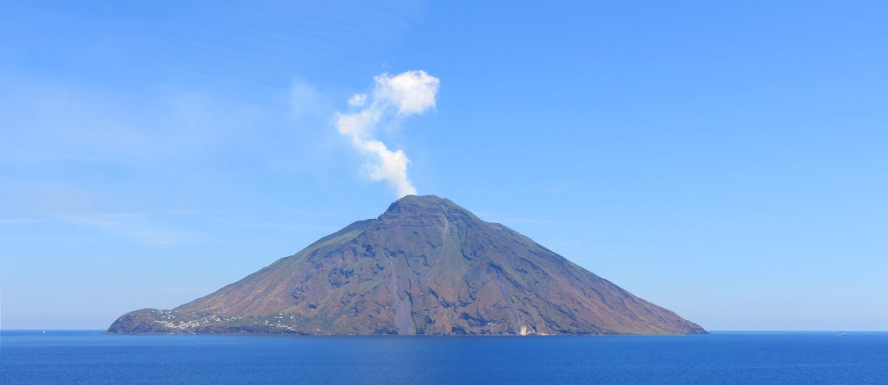 The island of Stromboli seen from the sea during Private Boat Trip to Panarea & Stromboli from Milazzo with Milazzo Coast to Coast.