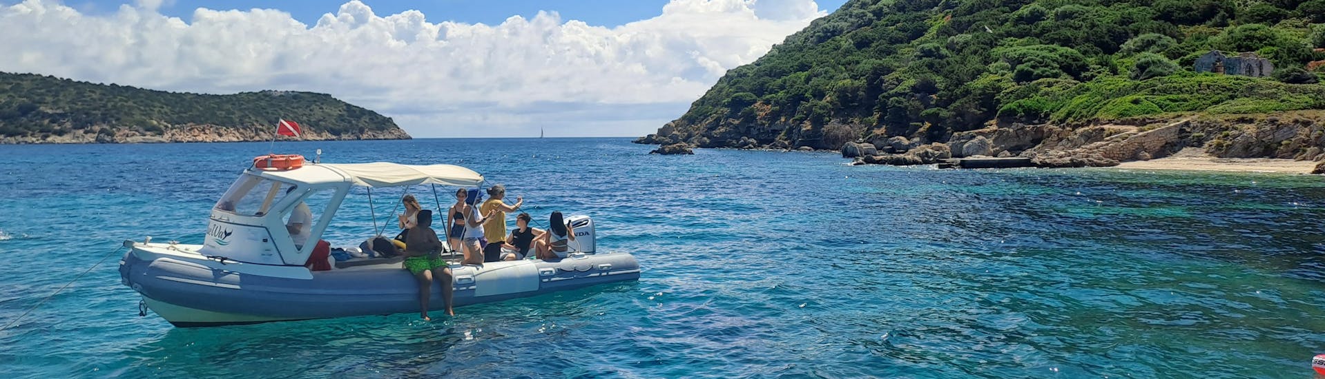 Blick auf der Bootstour nach Figarolo und Capo Figari mit Delfinbeobachtung und Schnorcheln mit Blue Way - Sea Experiences aus dem Wasser auftaucht.