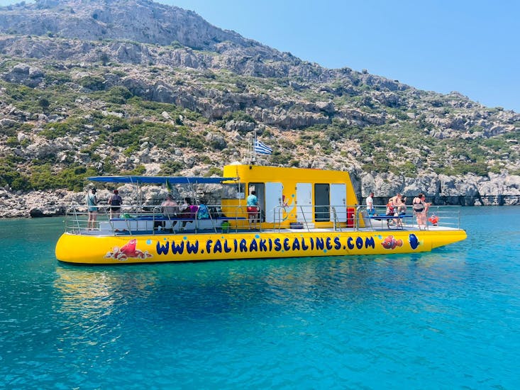 Our yellow submarine boat of the Submarine Tour with Swim Stop in Anthony Quinn Bay with Rhodes Sea Lines.