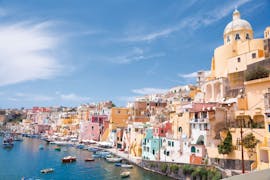 View of the colorful houses of Procida from the boat during Boat Trip from Sorrento to Ischia and Procida with Capitano Ago.