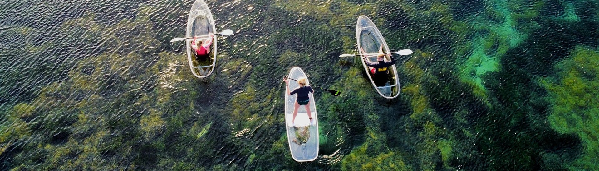 Three people are doing a Transparent SUP Hire at Sunset in Le Lavandou with Transparent’Sea.