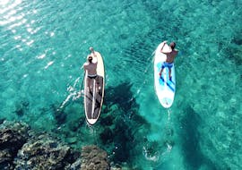 Deux personnes font une location de stand up paddle le long de la Côte des Nacres avec Acqua et Natura. 