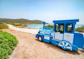 Foto van het blauwe treintje op wielen dat gebruikt werd om rond het eiland Asinara te rijden tijdens de boottransfer van Stintino naar Asinara met rondleiding met Linea del Parco dell'Asinara.