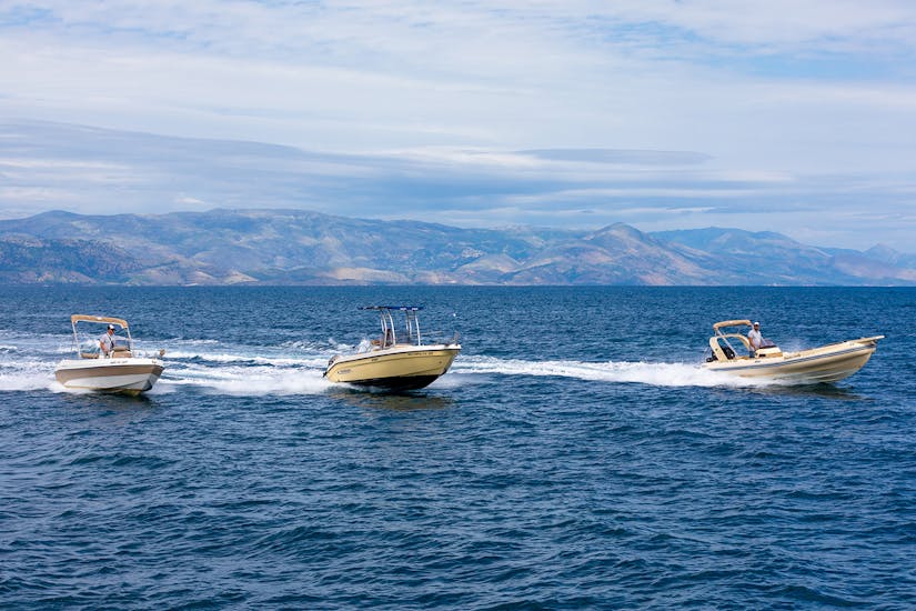Participants on a private boat trip around Corfu surrounded by blue waters, during an activity provided by FunSea Corfu.