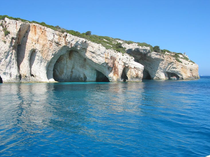 View over the blue caves in Zakynthos during a Boattrip from Agios Nikolaos to the Blue Caves with Theodosis Cruises Zakynthos.
