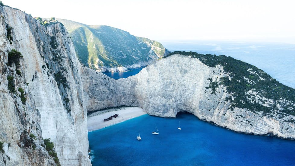 A picture of Navagio Beach and the shipwreck during a Boat Trip to the Blue Caves and the Shipwreck Beach in Zakynthos with Theodosis Cruises Zakynthos.
