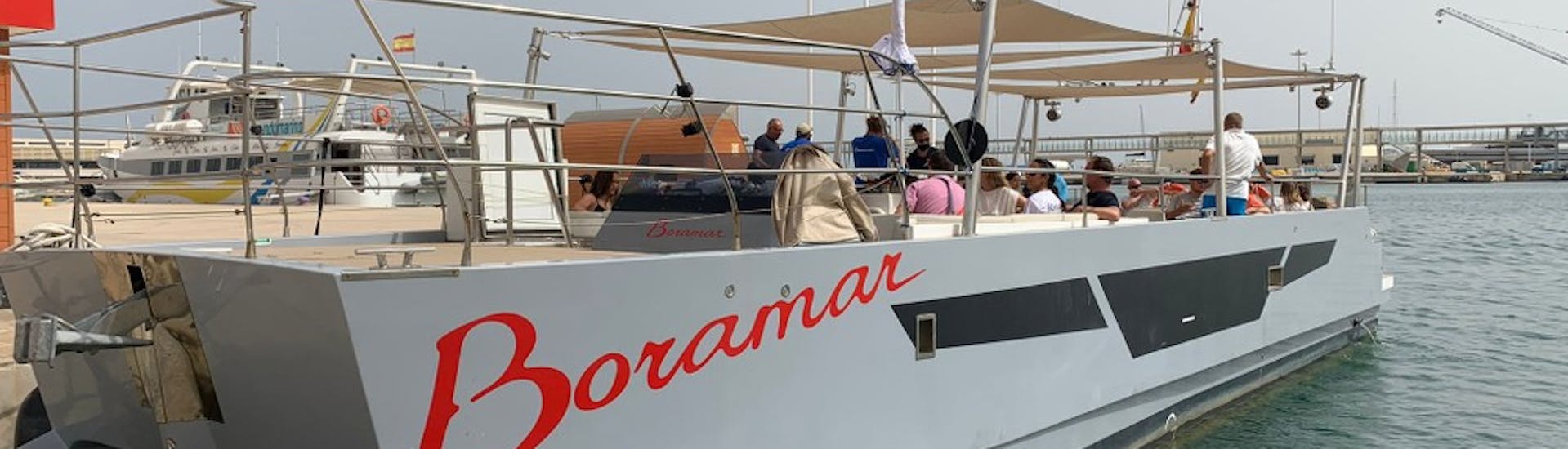 Our catamaran during a Catamaran Trip to Cova Tallada in Denia with Boramar Denia.