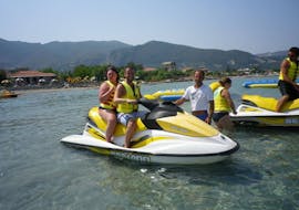 Two people on a jet ski from the Jet Ski Rental in Alykes on Zakynthos with Alykes Water Sports Zakynthos.