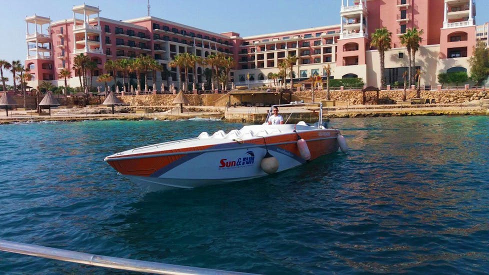 Picture of one of our boats at our base before a boat trip to Comino and Blue Lagoon with Sun & Fun Water Sports.