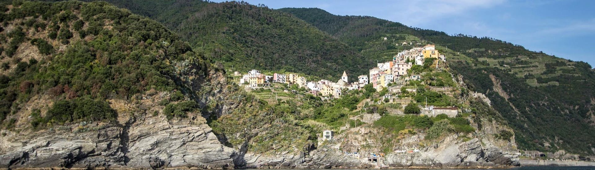 The lovely village of Corniglia can be admired during the Boat Trip from Levanto along the Cinque Terre Sea with Sea Breeze Boat Tours Levanto.