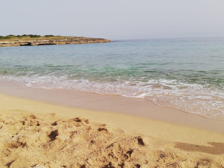 La spiaggia di sabbia di questa baia può essere ammirata durante il giro in catamarano da Porto Cesareo.