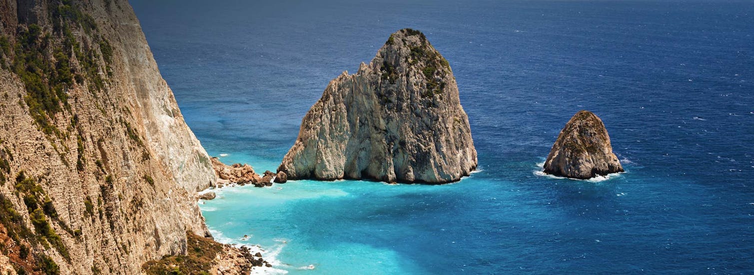 The Mizinthres Rocks on a sunny day during the Boat Rental in Keri (up to 6 People) with Fun@Sea Zakynthos.