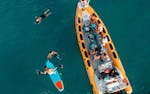 Partecipanti su un motoscafo circondato da acque turchesi nella Baia di Alcudia durante una gita in barca da Can Picafort al parco naturale di Llevant con North Coast Adventure Mallorca.