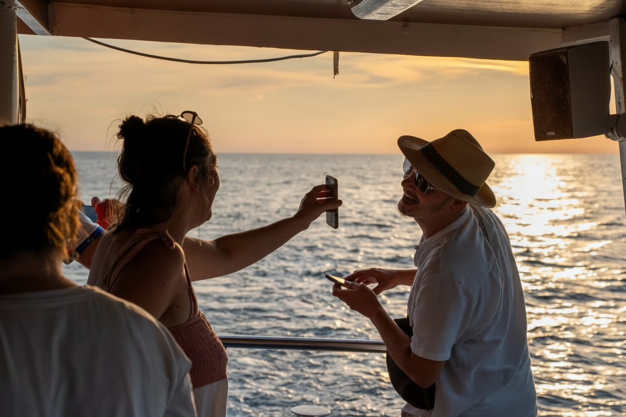 Una coppia ride su una barca durante un tramonto dorato. Una donna scatta una foto a un uomo sorridente sul ponte di una barca durante l'escursione in barca al tramonto a tema pirati, organizzata da Pirate Boat Excursions - Medulin.