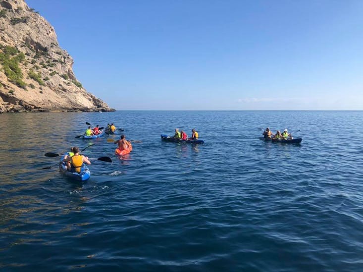 Teilnehmer paddeln entlang der Bucht von Alcudia bei einer Kajaktour mit North Coast Adventure Mallorca.