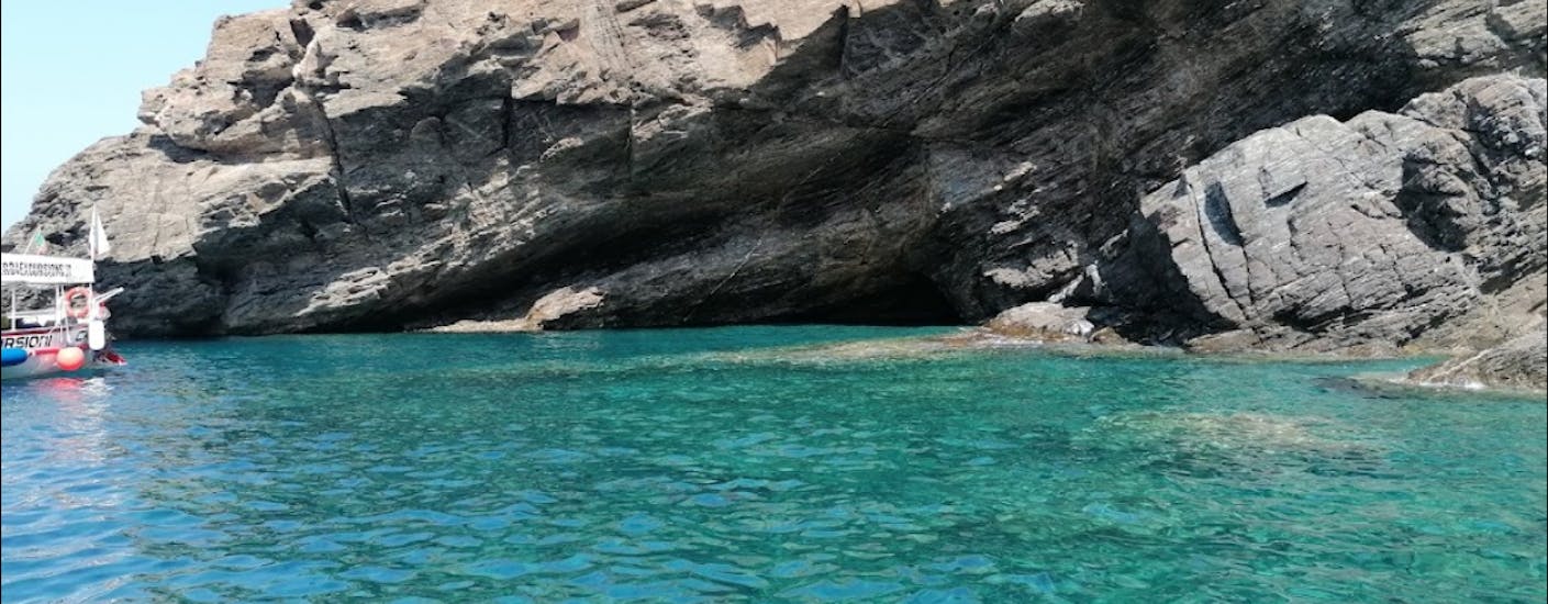 View of the Grotta del Bue Marino during our boat Trip to the Calamita Mines from Margidore Beach Baiarda Dive Boat Excursions Elba.