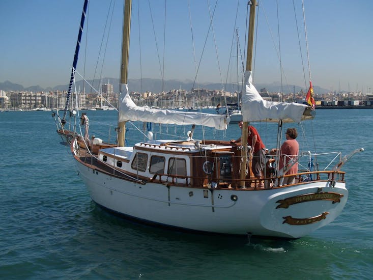 Unser Boot fährt in Küstennähe während des privaten Segeltörns an der Costa del Sol mit Ocean Cruiser Benalmádena.