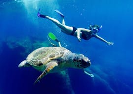 Picture of a girl swimming next to a trutle during the Boat Trip to the Keri Caves with Turtle Spotting with Best of Zante