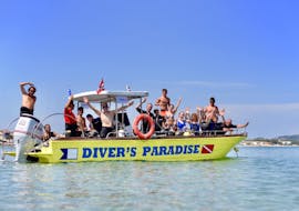 A photo of a group of divers and snorkellers on the boat used for the snorkelling trip by boat from Zakynthos with Diver's Paradise Zakynthos.