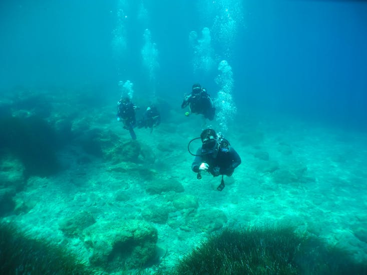 Participants on a guided dive underwater over a reef with Diver's Paradise in Zakynthos.