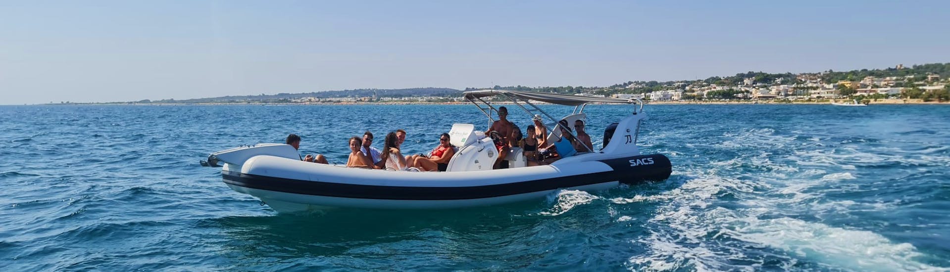 Photo of one of our comfortable boats during a RIB boat trip from Torre Vado to the Leuca caves with an aperitif with Rosa dei Venti Escursioni..