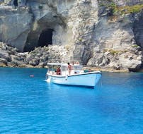 Picture of one of our boats as we circumnavigate the largest island of the Egadi archipelago during a boat trip around Favignana with lunch with In barca con Salvo.