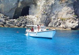 Picture of one of our boats as we circumnavigate the largest island of the Egadi archipelago during a boat trip around Favignana with lunch with In barca con Salvo.