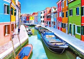 Uitzicht op een kanaal van Burano met kleurrijke huizen gezien tijdens de boottocht van Punta Sabbioni naar Murano, Burano & Torcello met Il Doge di Venezia.