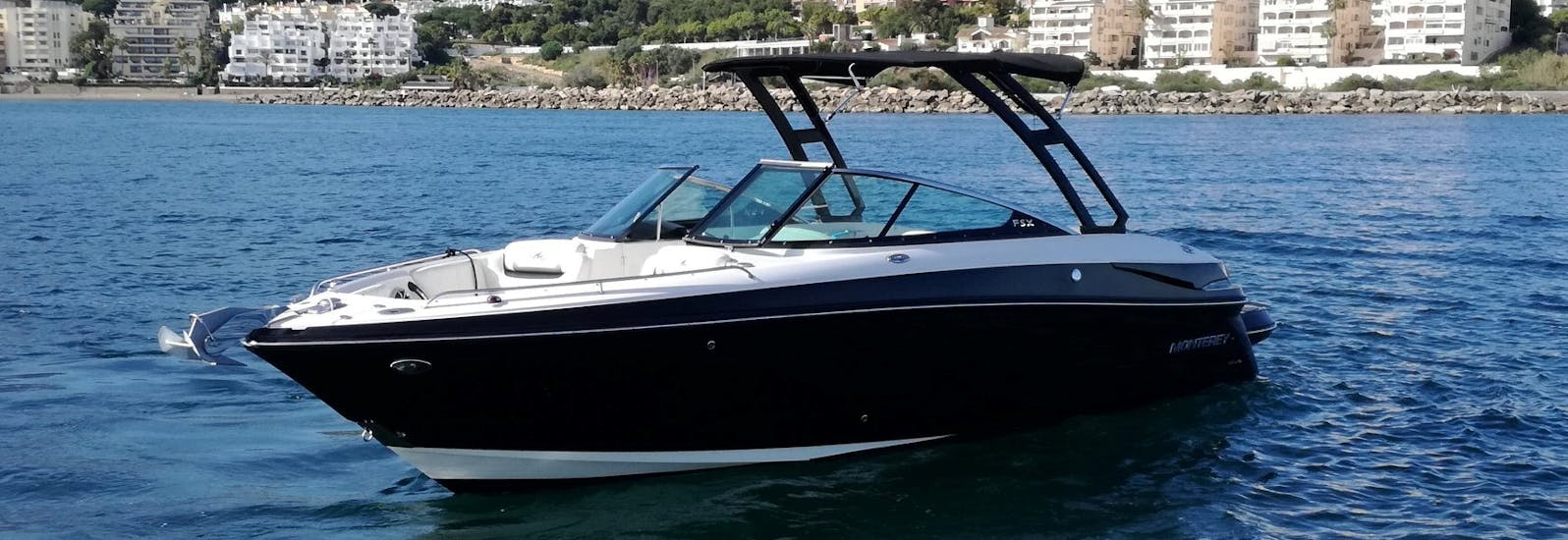 Our boat in the sea during a Private Boat Trip in Estepona with Swimming with OfBlue Rental Boats.