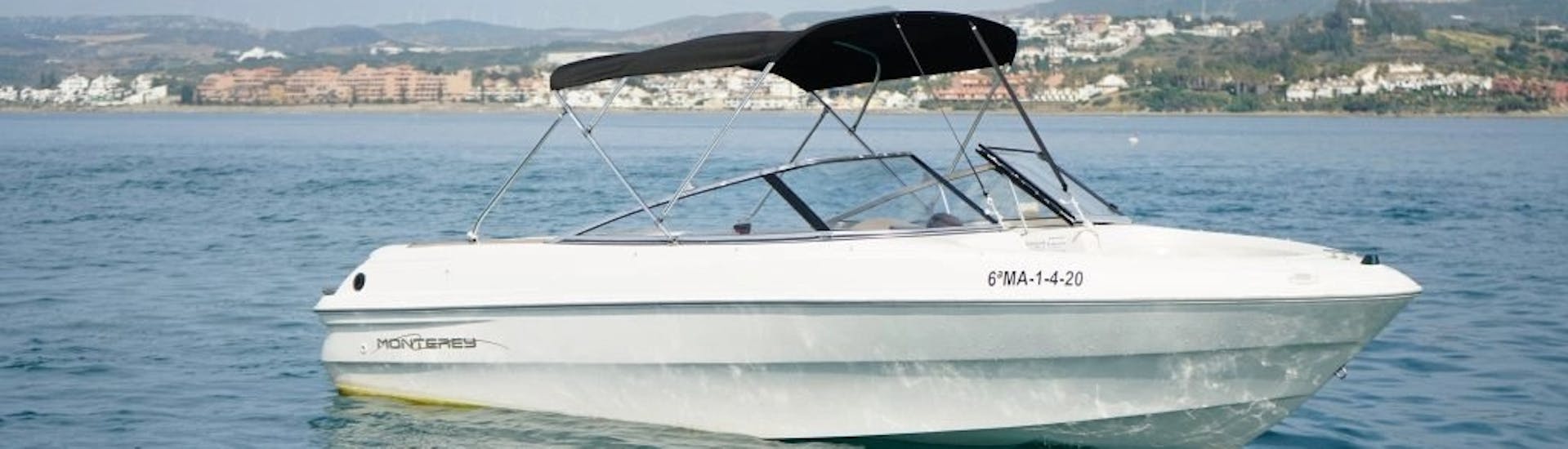 Our boat navigating around Costa del Sol during a Boat Rental in Estepona (up to 6 people) with Licence with OfBlue Rental Boats.