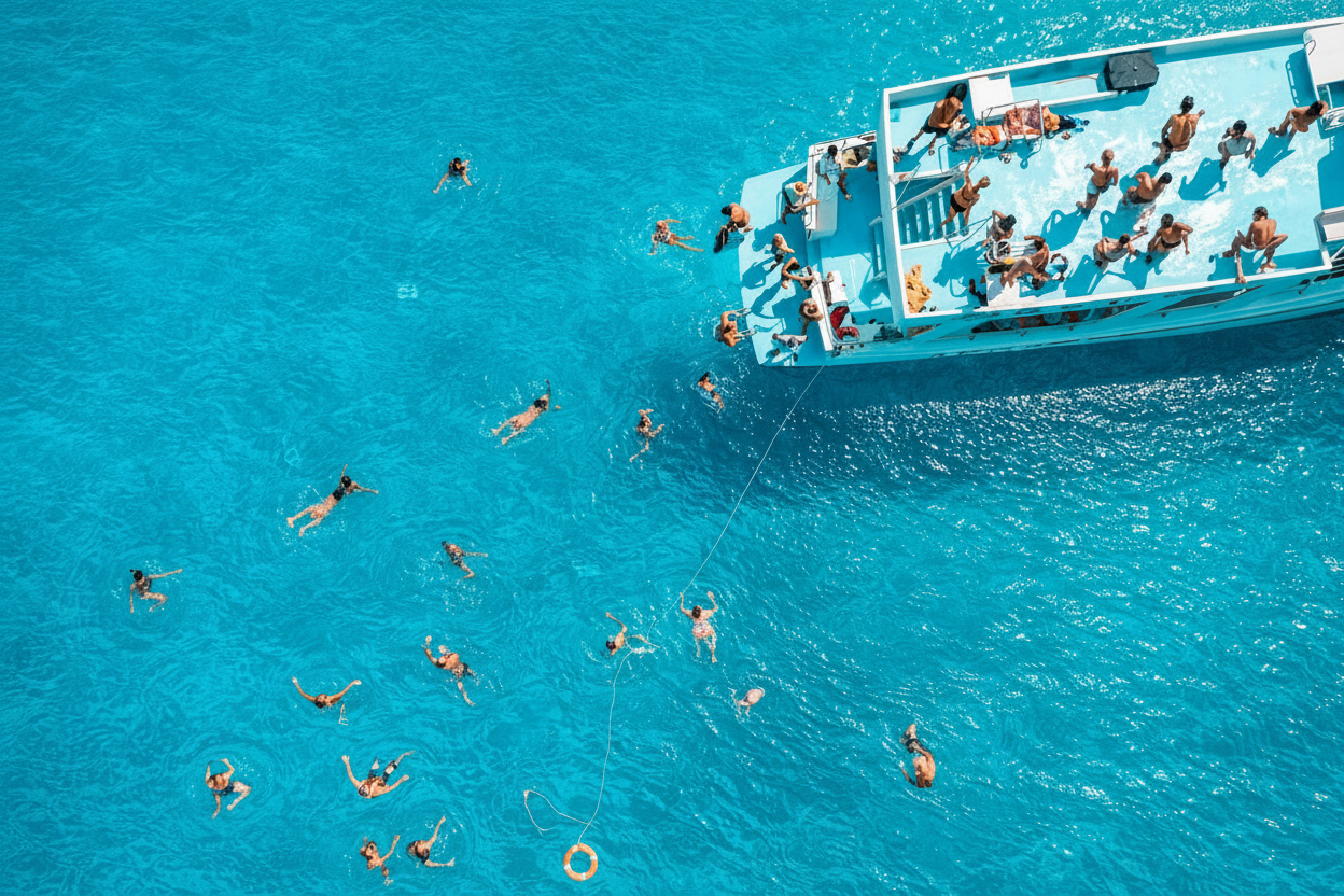 Nadar y bucear en una excursión en barco por la Laguna Azul. Vista aérea de turistas nadando en las aguas turquesas junto al barco de Aphrodite I Cruises Cyprus durante una excursión en barco a Cape Greco, la Laguna Azul y Turtle Cove.