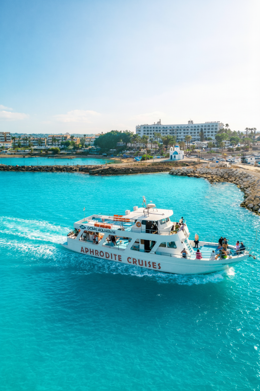 La barca da crociera Aphrodite I di Cipro solca le vivaci acque turchesi lungo la costa di Protaras durante un'escursione in barca a Capo Greco, alla Laguna Blu e a Turtle Cove.