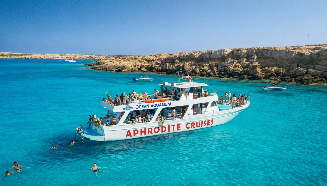 I passeggeri nuotano nelle acque turchesi accanto all'imbarcazione Aphrodite I Cruises Cyprus durante l'escursione in barca a Capo Greco, Laguna Blu e Baia delle Tartarughe, con partenza da Protaras e Pernera.