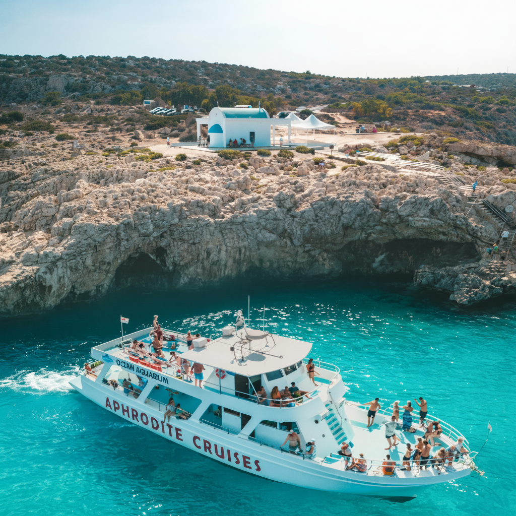 De Aphrodite I Cruises Cyprus-boot vaart over het turquoise water langs de rotsachtige kliffen van Kaap Greco tijdens een boottocht naar Kaap Greco, de Blauwe Lagune en Turtle Cove vanuit Protaras en Pernera.