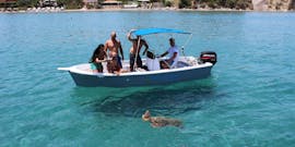 Een groep vrienden fotografeert een schildpad tijdens de schildpaddenexcursie per boot vanuit Agios Sostis.