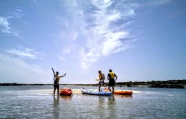 Un grupo de participantes disfrutando de un día en kayak, deteniéndose en uno de los islotes de la Ría Formosa durante una excursión en kayak desde Faro con Lands Algarve.