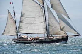 People are doing a Boat Trip in the Gulf of Morbihan on a Vintage Sailboat with Lys Noir Morbihan.
