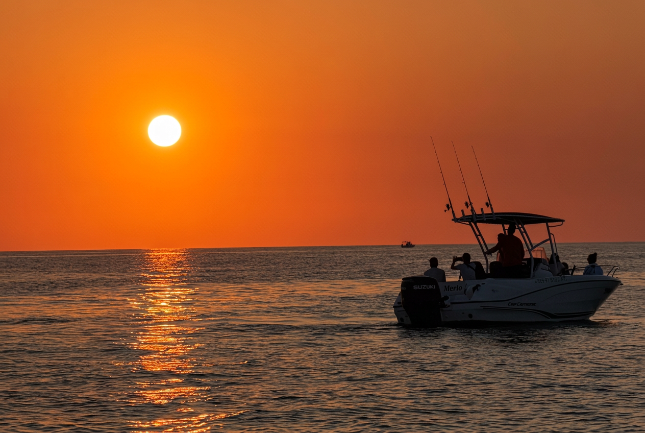 Los pasajeros navegan por el mar en calma bajo un cielo naranja vibrante durante una excursión privada al atardecer en barco con avistamiento de delfines desde Fažana con Sea Tours Istria Fažana.