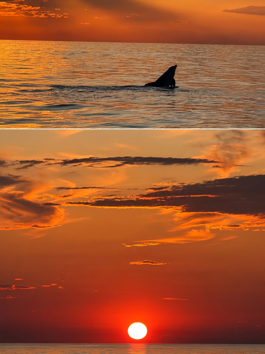 Dolfijnen spotten bij zonsondergang met Sea Tours Istria Fažana Een dolfijn komt boven water in het kalme zeewater onder een feloranje hemel tijdens een privé boottocht bij zonsondergang met dolfijnobservatie vanuit Fažana, georganiseerd door Sea Tours Istria Fažana.