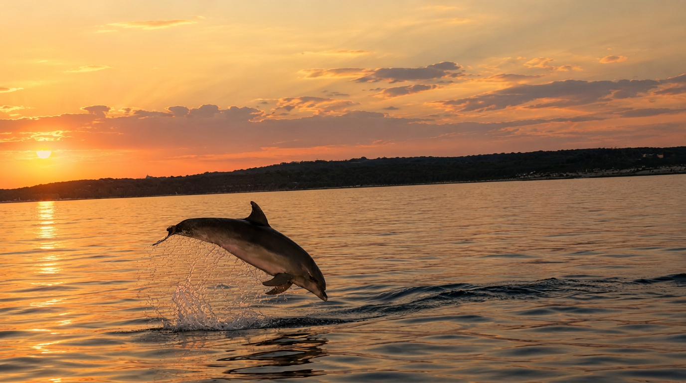 Un delfín salta con gracia fuera del mar contra una vibrante puesta de sol dorada durante una excursión privada en barco al atardecer con avistamiento de delfines desde Fažana con Sea Tours Istria Fažana.