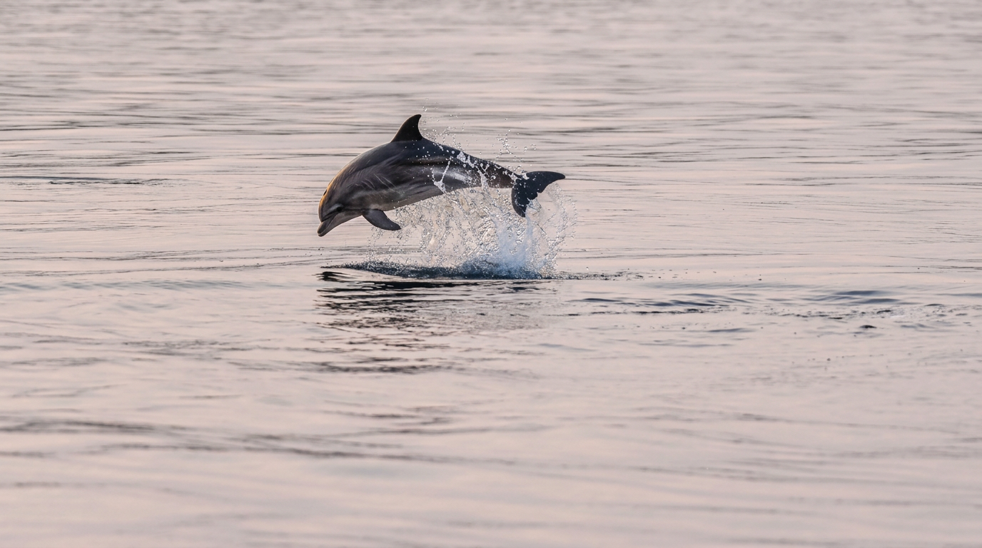 Un delfín salta con gracia fuera del mar en calma durante una excursión privada en barco al atardecer con avistamiento de delfines desde Fažana por Sea Tours Istria Fažana.