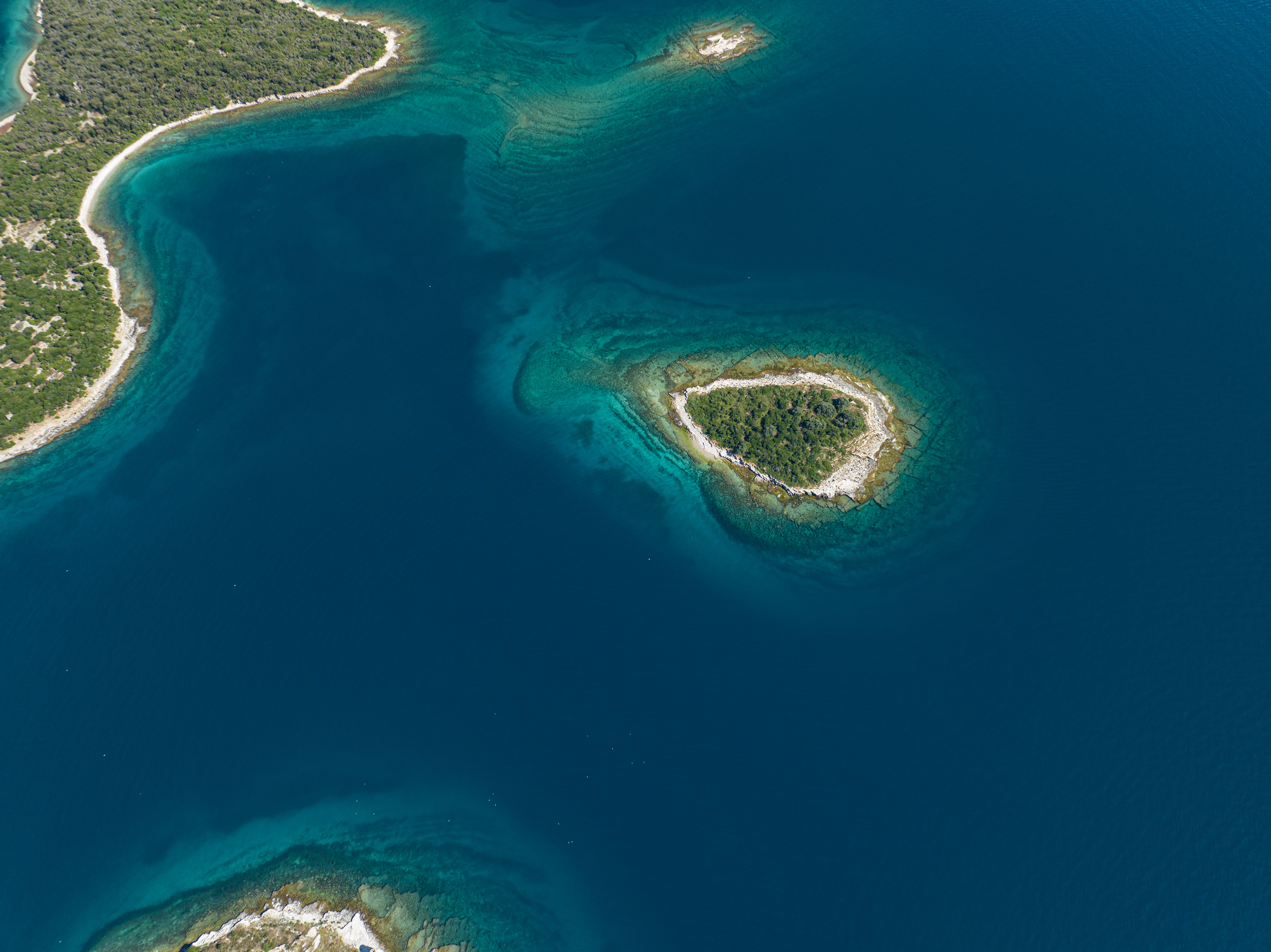 Luchtfoto van de Brijuni-archipel tijdens een panoramische cruise. Luchtfoto van kleine groene eilandjes omgeven door kristalhelder turquoise water tijdens een privéboottocht naar St. Jerolim of Veliki Brijuni met een panoramische cruise van Sea Tours Istria Fažana.