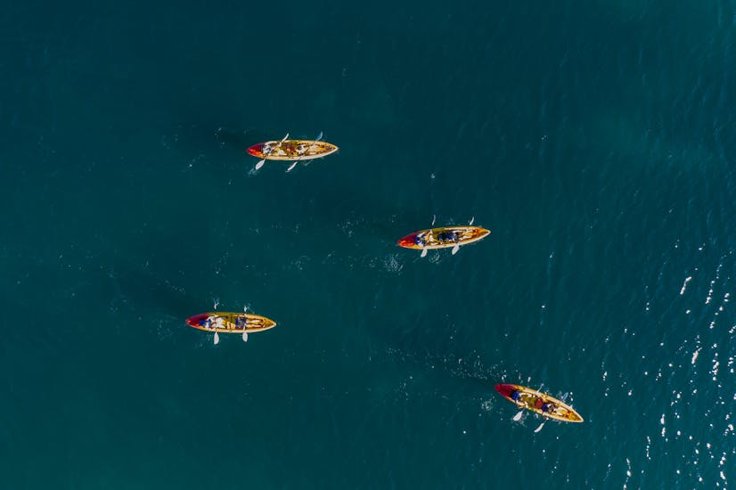 Quattro kayak in acqua durante l'Escursione giornaliera in kayak a Premantura con snorkeling con Kayaking Premantura.