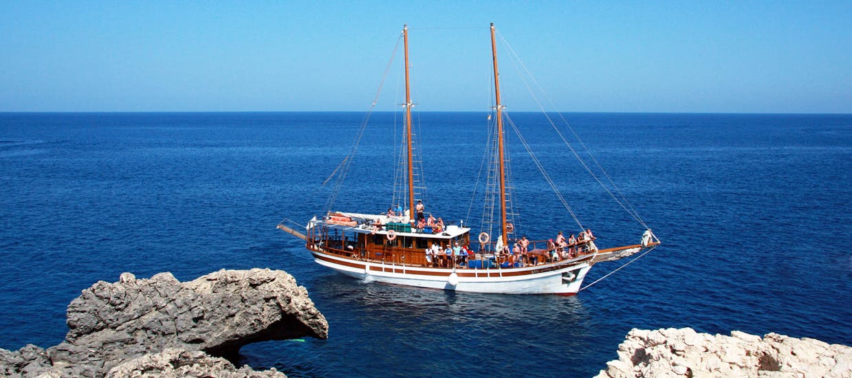View of the San Antonio II on the Sunset Boat Trip to Konnos Bay or Cape Greco with Paphos Sea Cruises.